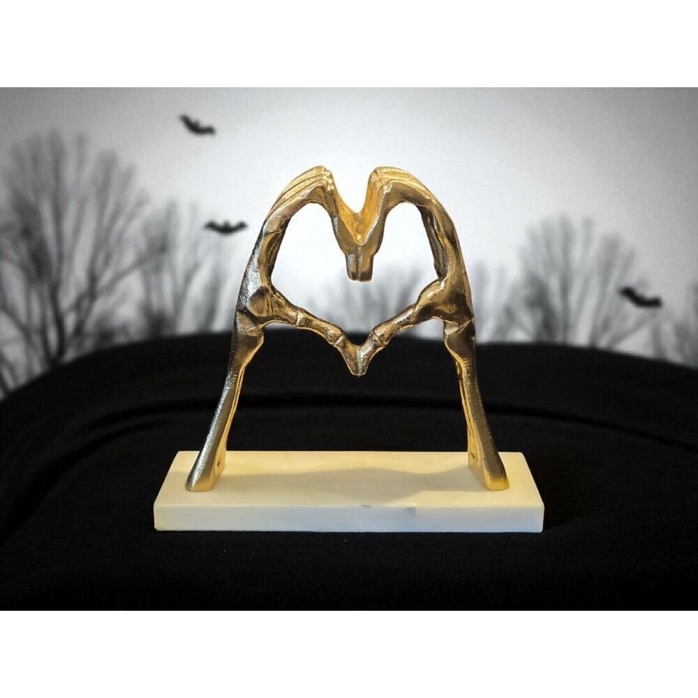 New GLD Metal Marble Skeleton Heart Hands Sculpture Love Halloween Holiday Decor